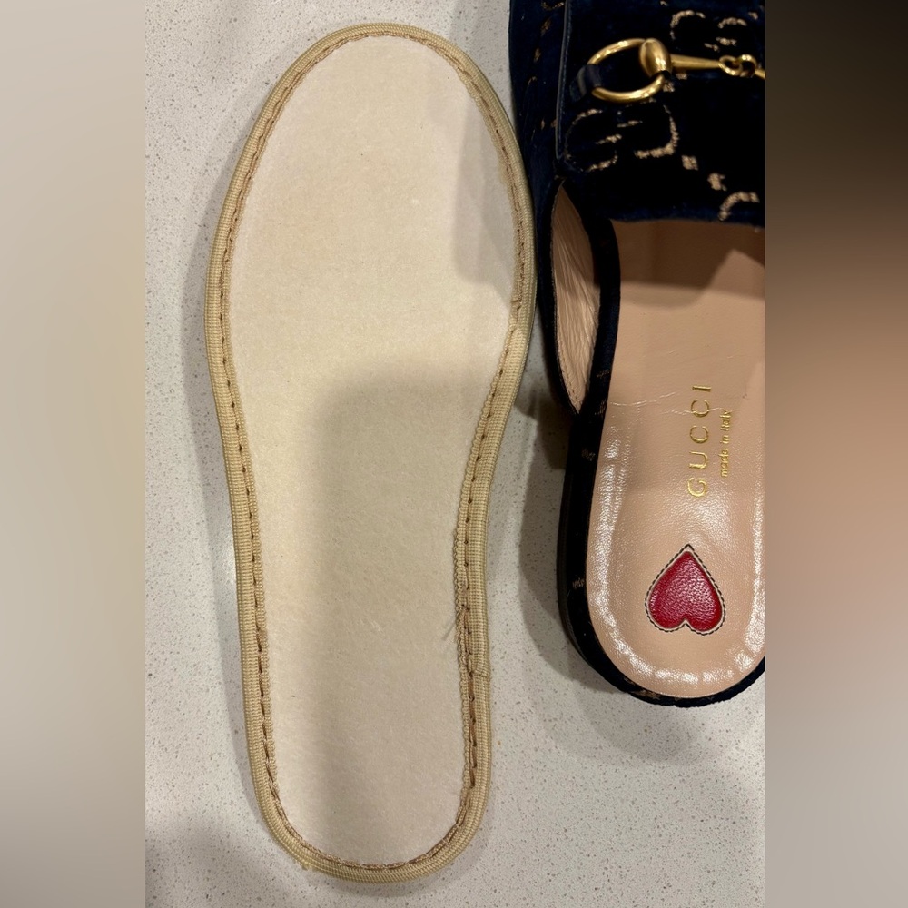 SOLD Gucci Princetown Horsebit Mules Navy Blue GG Logo Velvet Flat Loafers - Picture 11 of 14